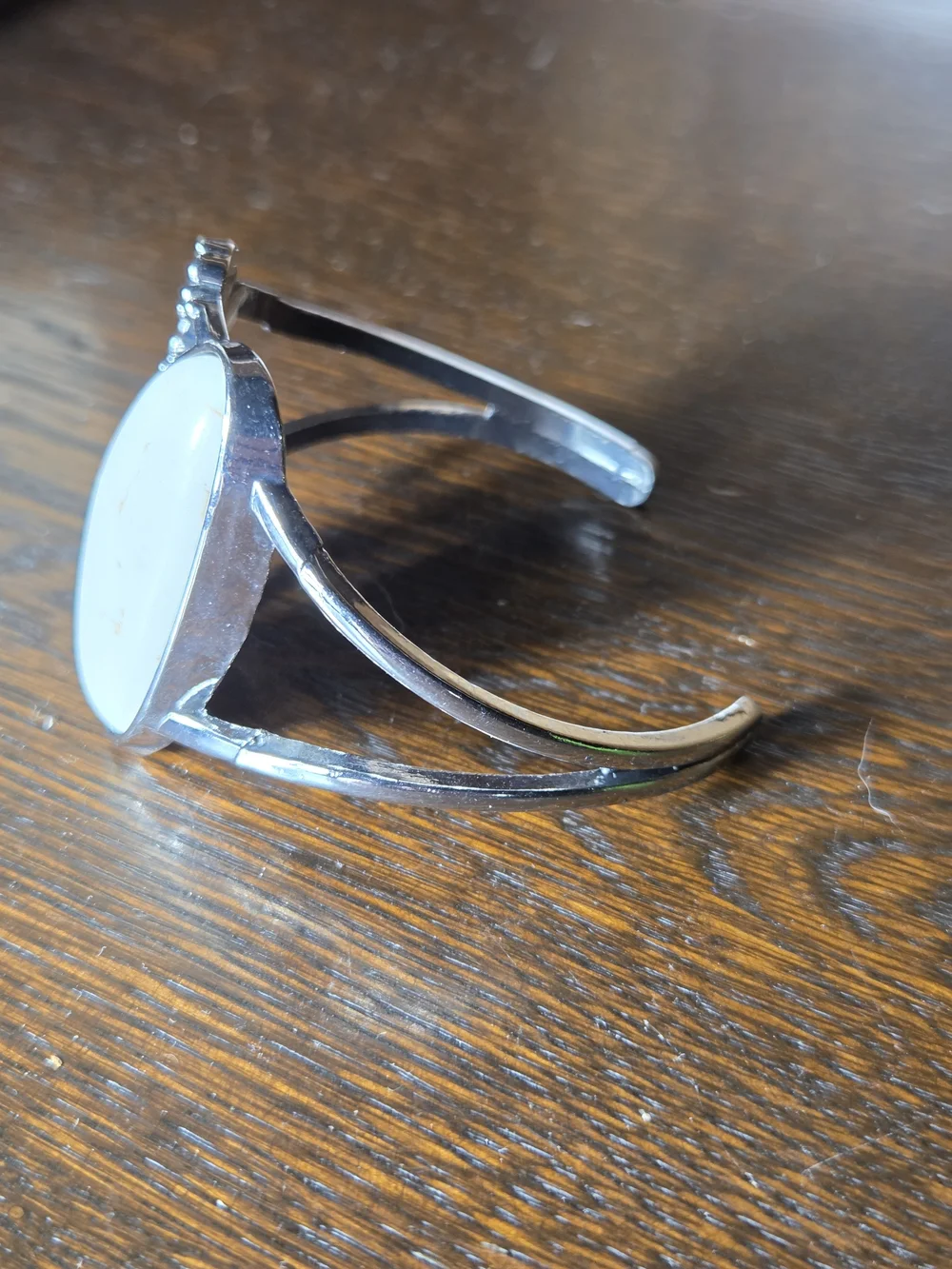 White Stone Feather Cuff Bracelet in Sterling-Tone